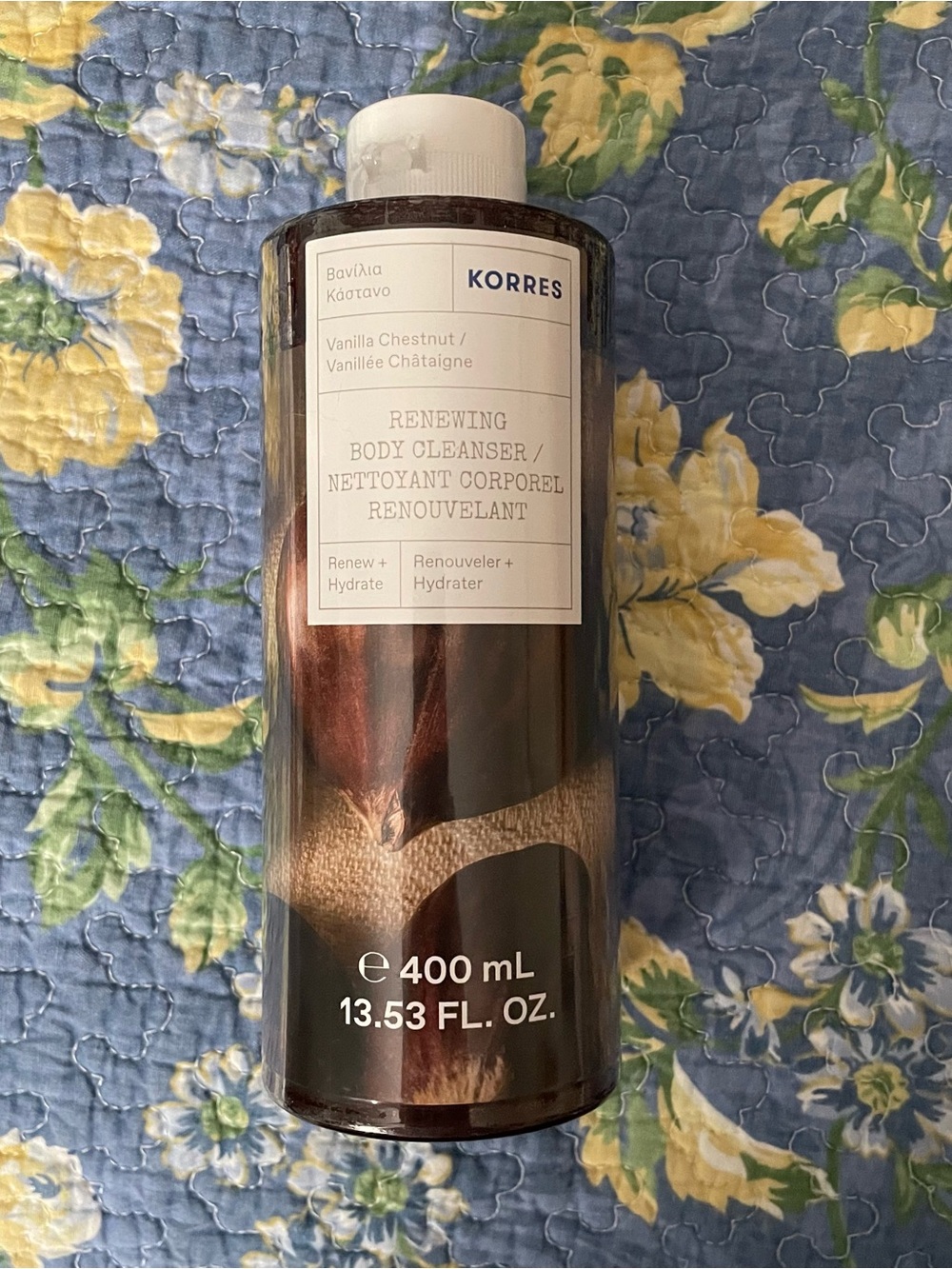 Korres Vanilla Chestnut Renewing Body Cleanser — Brown & White Bottle